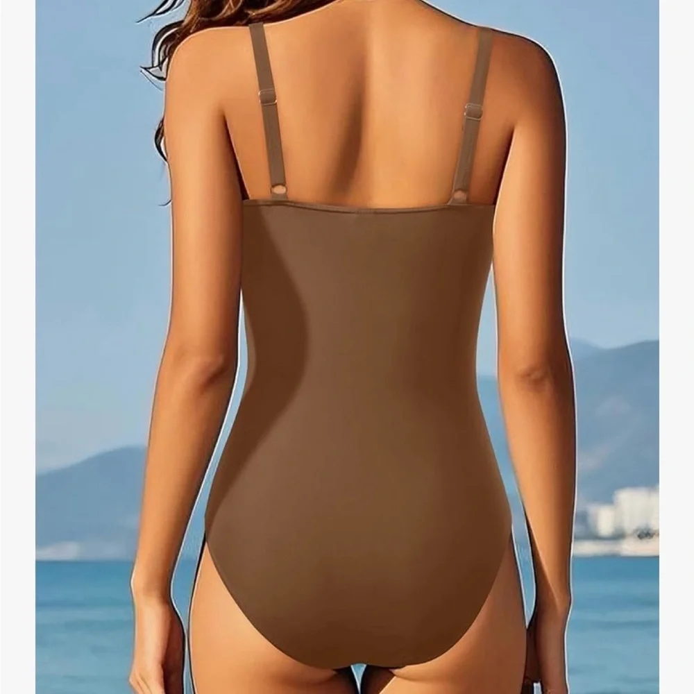 NWOT Aqua Eve One-Piece Tummy Control Vintage Swimsuit Chocolate Brown Size S